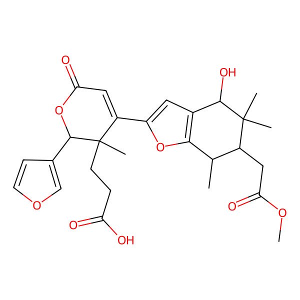 2D Structure of 3-[(2R,3R)-2-(furan-3-yl)-4-[(4R,6R,7R)-4-hydroxy-6-(2-methoxy-2-oxoethyl)-5,5,7-trimethyl-6,7-dihydro-4H-1-benzofuran-2-yl]-3-methyl-6-oxo-2H-pyran-3-yl]propanoic acid