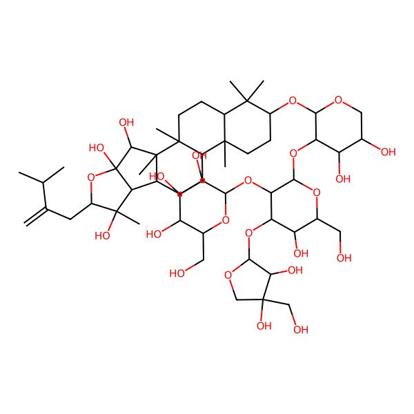 2D Structure of (1R,2R,3R,4R,6R,7R,8S,9R,12R,13R,16S,18R)-16-[(2S,3R,4S,5S)-3-[(2S,3R,4S,5R,6R)-4-[(2S,3R,4R)-3,4-dihydroxy-4-(hydroxymethyl)oxolan-2-yl]oxy-5-hydroxy-6-(hydroxymethyl)-3-[(2S,3R,4S,5S,6R)-3,4,5-trihydroxy-6-(hydroxymethyl)oxan-2-yl]oxyoxan-2-yl]oxy-4,5-dihydroxyoxan-2-yl]oxy-1,2,7,13,17,17-hexamethyl-6-(3-methyl-2-methylidenebutyl)-5-oxapentacyclo[10.8.0.02,9.04,8.013,18]icosane-3,4,7-triol