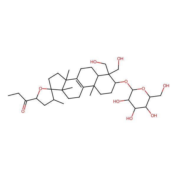 2D Structure of 1-[4,4-Bis(hydroxymethyl)-4',10,13,14-tetramethyl-3-[3,4,5-trihydroxy-6-(hydroxymethyl)oxan-2-yl]oxyspiro[1,2,3,5,6,7,11,12,15,16-decahydrocyclopenta[a]phenanthrene-17,5'-oxolane]-2'-yl]propan-1-one