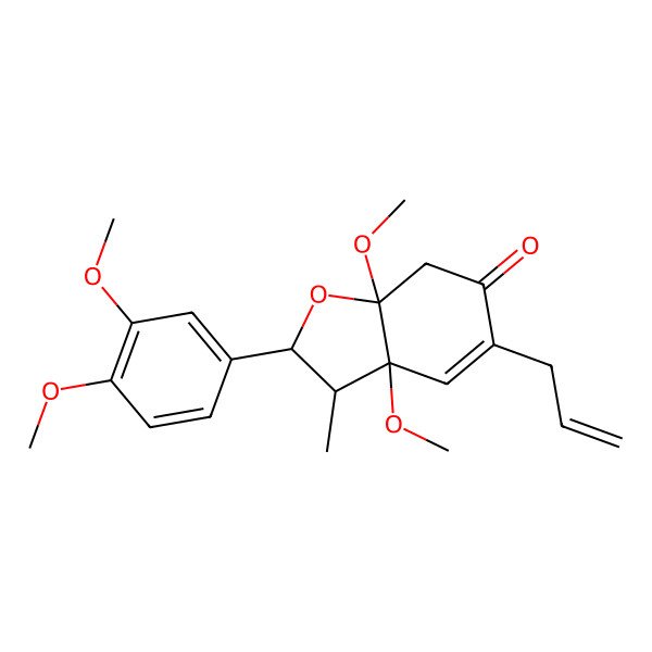 2D Structure of (2S,3R,3aR,7aS)-2-(3,4-dimethoxyphenyl)-3a,7a-dimethoxy-3-methyl-5-prop-2-enyl-3,7-dihydro-2H-1-benzofuran-6-one