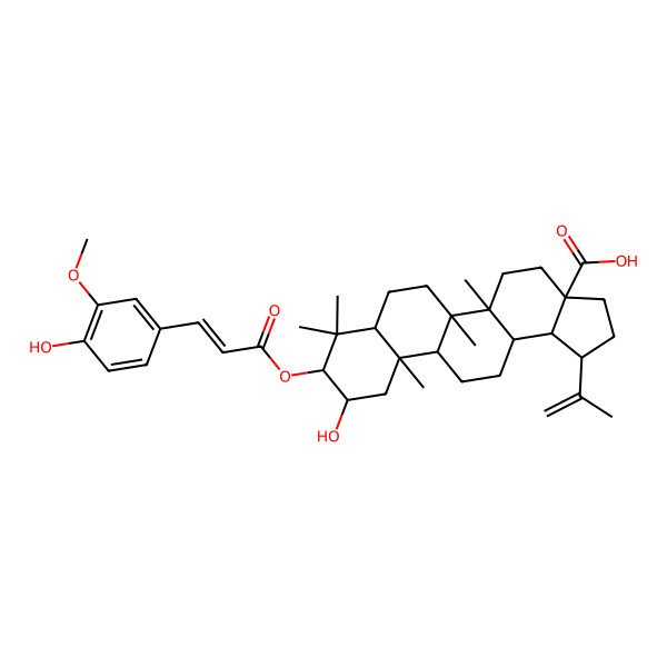 2D Structure of (1R,3aS,5aR,5bR,7aR,9R,10R,11aR,11bR,13aR,13bR)-10-hydroxy-9-[(E)-3-(4-hydroxy-3-methoxyphenyl)prop-2-enoyl]oxy-5a,5b,8,8,11a-pentamethyl-1-prop-1-en-2-yl-1,2,3,4,5,6,7,7a,9,10,11,11b,12,13,13a,13b-hexadecahydrocyclopenta[a]chrysene-3a-carboxylic acid