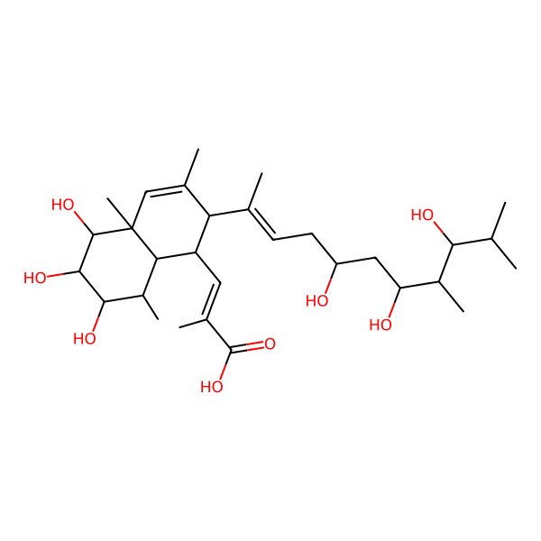 2D Structure of (E)-3-[(1S,2S,4aS,5R,6R,7R,8S,8aR)-5,6,7-trihydroxy-3,4a,8-trimethyl-2-[(E,5R,7S,8R,9R)-5,7,9-trihydroxy-8,10-dimethylundec-2-en-2-yl]-2,5,6,7,8,8a-hexahydro-1H-naphthalen-1-yl]-2-methylprop-2-enoic acid