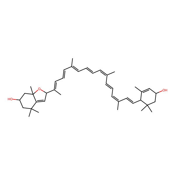 2D Structure of (2R,6R,7aR)-2-[(2E,4E,6E,8E,10E,12E,14E,16E)-17-[(1R,4R)-4-hydroxy-2,6,6-trimethylcyclohex-2-en-1-yl]-6,11,15-trimethylheptadeca-2,4,6,8,10,12,14,16-octaen-2-yl]-4,4,7a-trimethyl-2,5,6,7-tetrahydro-1-benzofuran-6-ol