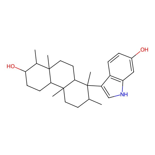 2D Structure of 3-[(1S,2R,4aS,4bS,7S,8R,8aS,10aS)-7-hydroxy-1,2,4a,8,8a-pentamethyl-3,4,4b,5,6,7,8,9,10,10a-decahydro-2H-phenanthren-1-yl]-1H-indol-6-ol