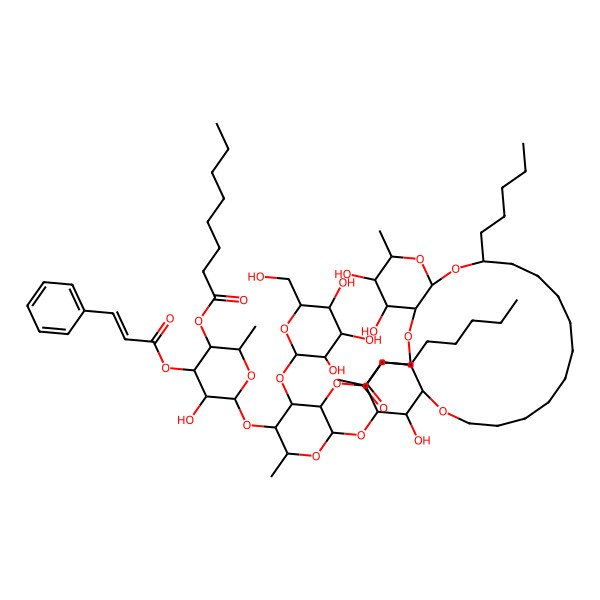 2D Structure of [(2S,3S,4S,5R,6S)-5-hydroxy-2-methyl-6-[(2S,3S,4R,5R,6S)-2-methyl-5-octanoyloxy-6-[[(1S,3R,4S,5R,6R,8R,10S,22R,23R,24R,25S)-4,5,23-trihydroxy-6,25-dimethyl-10-pentyl-2,7,9,21-tetraoxatricyclo[20.4.0.03,8]hexacosan-24-yl]oxy]-4-[(2S,3R,4S,5S,6R)-3,4,5-trihydroxy-6-(hydroxymethyl)oxan-2-yl]oxyoxan-3-yl]oxy-4-[(E)-3-phenylprop-2-enoyl]oxyoxan-3-yl] octanoate