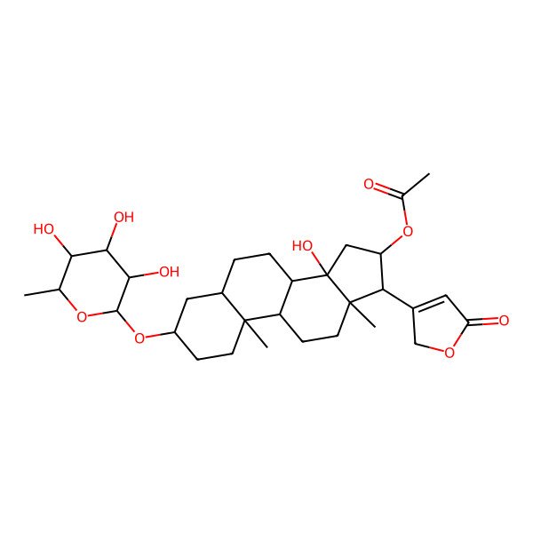 2D Structure of [(3S,5S,8R,9S,10S,13R,14S,16S,17R)-14-hydroxy-10,13-dimethyl-17-(5-oxo-2H-furan-3-yl)-3-[(2R,3R,4R,5R,6S)-3,4,5-trihydroxy-6-methyloxan-2-yl]oxy-1,2,3,4,5,6,7,8,9,11,12,15,16,17-tetradecahydrocyclopenta[a]phenanthren-16-yl] acetate