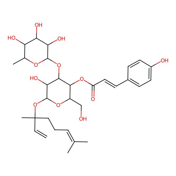 2D Structure of [(2R,3R,4R,5R,6S)-6-[(3S)-3,7-dimethylocta-1,6-dien-3-yl]oxy-5-hydroxy-2-(hydroxymethyl)-4-[(2S,3R,4R,5R,6S)-3,4,5-trihydroxy-6-methyloxan-2-yl]oxyoxan-3-yl] (E)-3-(4-hydroxyphenyl)prop-2-enoate