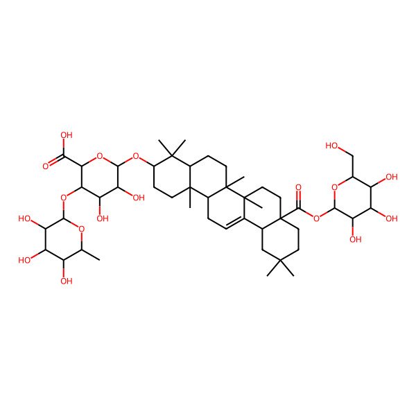 2D Structure of (2S,3S,4R,5R,6S)-6-[[(3S,4aR,6aR,6bS,8aS,12aS,14aR,14bR)-4,4,6a,6b,11,11,14b-heptamethyl-8a-[(2S,3R,4R,5S,6R)-3,4,5-trihydroxy-6-(hydroxymethyl)oxan-2-yl]oxycarbonyl-1,2,3,4a,5,6,7,8,9,10,12,12a,14,14a-tetradecahydropicen-3-yl]oxy]-4,5-dihydroxy-3-[(2S,3S,4S,5R,6R)-3,4,5-trihydroxy-6-methyloxan-2-yl]oxyoxane-2-carboxylic acid