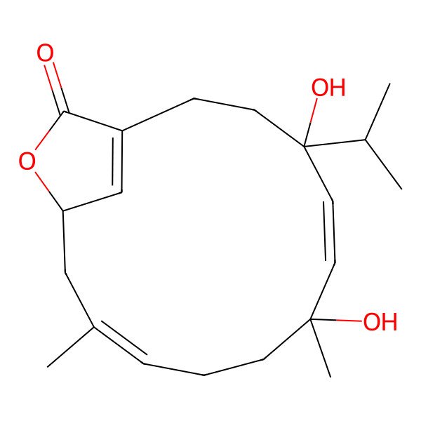 2D Structure of (4R,5E,7R,10E,13S)-4,7-dihydroxy-7,11-dimethyl-4-propan-2-yl-14-oxabicyclo[11.2.1]hexadeca-1(16),5,10-trien-15-one