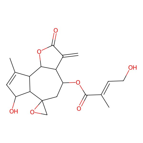 2D Structure of (7-hydroxy-9-methyl-3-methylidene-2-oxospiro[4,5,6a,7,9a,9b-hexahydro-3aH-azuleno[4,5-b]furan-6,2'-oxirane]-4-yl) 4-hydroxy-2-methylbut-2-enoate