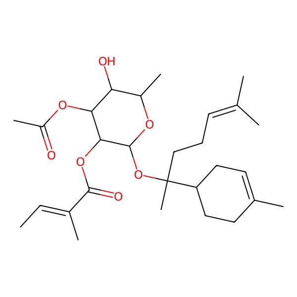 2D Structure of [4-Acetyloxy-5-hydroxy-6-methyl-2-[6-methyl-2-(4-methylcyclohex-3-en-1-yl)hept-5-en-2-yl]oxyoxan-3-yl] 2-methylbut-2-enoate