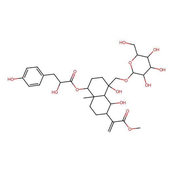 2D Structure of [4,5-Dihydroxy-6-(3-methoxy-3-oxoprop-1-en-2-yl)-8a-methyl-4-[[3,4,5-trihydroxy-6-(hydroxymethyl)oxan-2-yl]oxymethyl]-1,2,3,4a,5,6,7,8-octahydronaphthalen-1-yl] 2-hydroxy-3-(4-hydroxyphenyl)propanoate