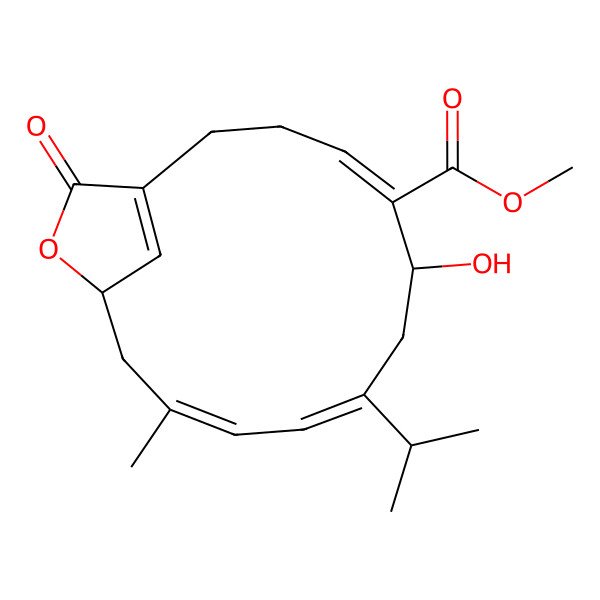 2D Structure of Methyl 6-hydroxy-11-methyl-15-oxo-8-propan-2-yl-14-oxabicyclo[11.2.1]hexadeca-1(16),4,8,10-tetraene-5-carboxylate