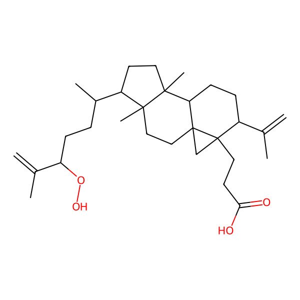 2D Structure of 3-[(1S,4R,5R,8S,9S,12S,13R)-5-[(2R,5R)-5-hydroperoxy-6-methylhept-6-en-2-yl]-4,8-dimethyl-12-prop-1-en-2-yl-13-tetracyclo[7.5.0.01,13.04,8]tetradecanyl]propanoic acid