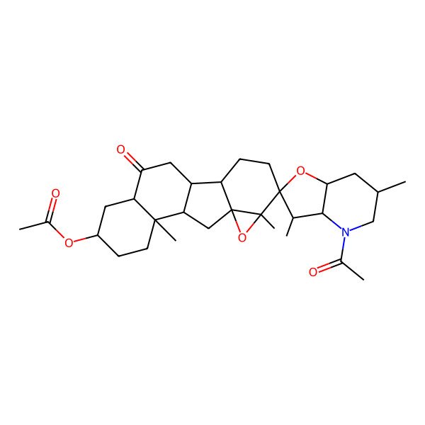 2D Structure of (4-Acetyl-3,6,6',11'-tetramethyl-17'-oxospiro[3,3a,5,6,7,7a-hexahydrofuro[3,2-b]pyridine-2,5'-7-oxapentacyclo[8.8.0.02,8.06,8.011,16]octadecane]-14'-yl) acetate
