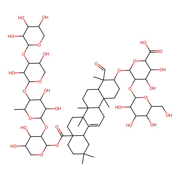 2D Structure of (2S,3S,4S,5R,6R)-6-[[(3S,4S,4aR,6aR,6bS,8aS,12aS,14aS,14bR)-8a-[(2S,3R,4S,5R)-3-[(2S,3R,4S,5R,6S)-5-[(2S,3R,4S,5R)-3,5-dihydroxy-4-[(2S,3R,4S,5R)-3,4,5-trihydroxyoxan-2-yl]oxyoxan-2-yl]oxy-3,4-dihydroxy-6-methyloxan-2-yl]oxy-4,5-dihydroxyoxan-2-yl]oxycarbonyl-4-formyl-4,6a,6b,11,11,14b-hexamethyl-1,2,3,4a,5,6,7,8,9,10,12,12a,14,14a-tetradecahydropicen-3-yl]oxy]-3,4-dihydroxy-5-[(2S,3R,4S,5R,6R)-3,4,5-trihydroxy-6-(hydroxymethyl)oxan-2-yl]oxyoxane-2-carboxylic acid
