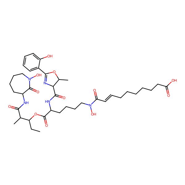 2D Structure of 10-[Hydroxy-[6-[1-[(1-hydroxy-2-oxoazepan-3-yl)amino]-2-methyl-1-oxopentan-3-yl]oxy-5-[[2-(2-hydroxyphenyl)-5-methyl-4,5-dihydro-1,3-oxazole-4-carbonyl]amino]-6-oxohexyl]amino]-10-oxodec-8-enoic acid