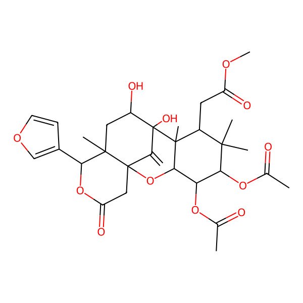 2D Structure of methyl 2-[(1R,3R,4R,5S,7S,8R,9R,10R,12S,13S)-4,5-diacetyloxy-13-(furan-3-yl)-9,10-dihydroxy-6,6,8,12-tetramethyl-17-methylidene-15-oxo-2,14-dioxatetracyclo[7.7.1.01,12.03,8]heptadecan-7-yl]acetate