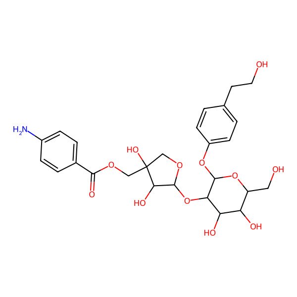 2D Structure of [(3S,4R,5S)-5-[(2S,3R,4S,5S,6R)-4,5-dihydroxy-2-[4-(2-hydroxyethyl)phenoxy]-6-(hydroxymethyl)oxan-3-yl]oxy-3,4-dihydroxyoxolan-3-yl]methyl 4-aminobenzoate