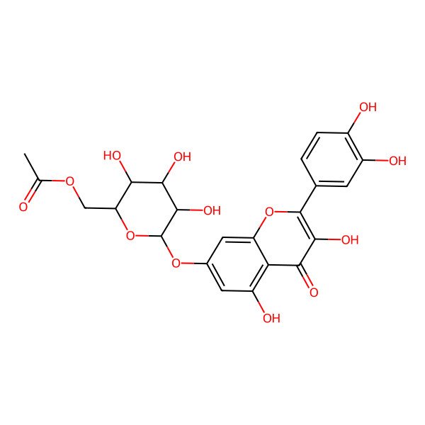 2D Structure of [(2R,3S,4S,5R,6S)-6-[2-(3,4-dihydroxyphenyl)-3,5-dihydroxy-4-oxochromen-7-yl]oxy-3,4,5-trihydroxyoxan-2-yl]methyl acetate