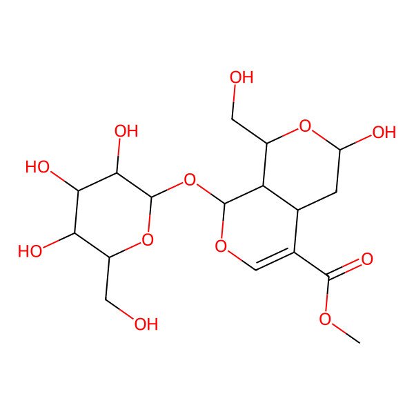 2D Structure of Methyl 3-hydroxy-1-(hydroxymethyl)-8-[3,4,5-trihydroxy-6-(hydroxymethyl)oxan-2-yl]oxy-1,3,4,4a,8,8a-hexahydropyrano[3,4-c]pyran-5-carboxylate