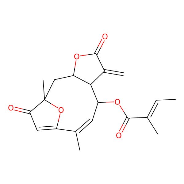 2D Structure of (1,10-Dimethyl-6-methylidene-5,13-dioxo-4,14-dioxatricyclo[9.2.1.03,7]tetradeca-9,11-dien-8-yl) 2-methylbut-2-enoate