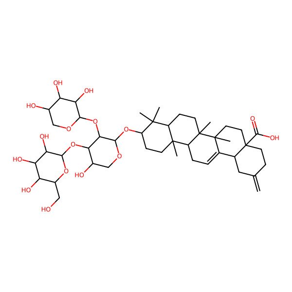 2D Structure of 10-[5-Hydroxy-4-[3,4,5-trihydroxy-6-(hydroxymethyl)oxan-2-yl]oxy-3-(3,4,5-trihydroxyoxan-2-yl)oxyoxan-2-yl]oxy-6a,6b,9,9,12a-pentamethyl-2-methylidene-1,3,4,5,6,6a,7,8,8a,10,11,12,13,14b-tetradecahydropicene-4a-carboxylic acid