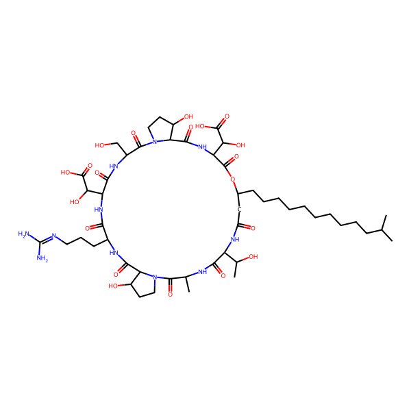 2D Structure of 2-[28-[Carboxy(hydroxy)methyl]-9-[3-(diaminomethylideneamino)propyl]-13,32-dihydroxy-21-(1-hydroxyethyl)-3-(hydroxymethyl)-18-methyl-25-(11-methyldodecyl)-2,5,8,11,17,20,23,27,30-nonaoxo-26-oxa-1,4,7,10,16,19,22,29-octazatricyclo[29.3.0.012,16]tetratriacontan-6-yl]-2-hydroxyacetic acid