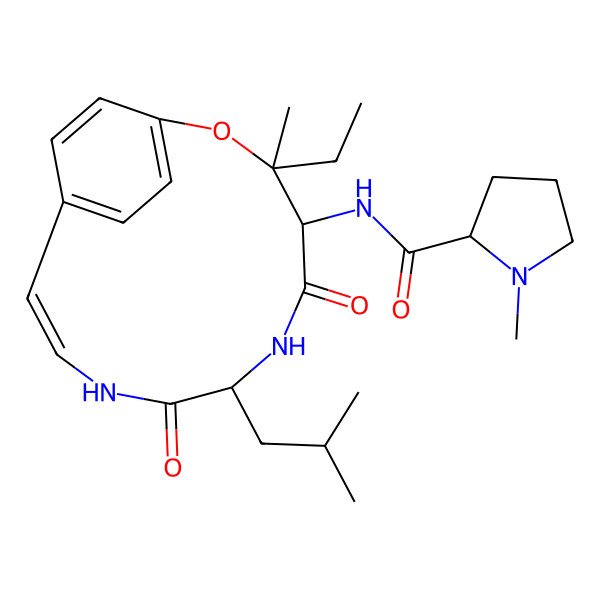 2D Structure of N-[3-ethyl-3-methyl-7-(2-methylpropyl)-5,8-dioxo-2-oxa-6,9-diazabicyclo[10.2.2]hexadeca-1(14),10,12,15-tetraen-4-yl]-1-methylpyrrolidine-2-carboxamide