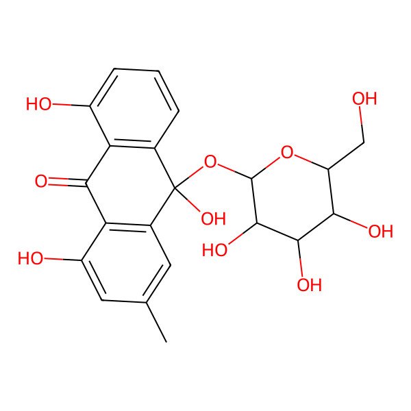 2D Structure of (10R)-1,8,10-trihydroxy-3-methyl-10-[(2S,3R,4S,5S,6R)-3,4,5-trihydroxy-6-(hydroxymethyl)oxan-2-yl]oxyanthracen-9-one