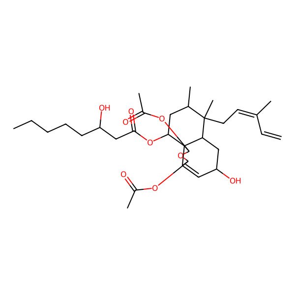 2D Structure of [1,3-Diacetyloxy-5-hydroxy-7,8-dimethyl-7-(3-methylpenta-2,4-dienyl)-1,3,5,6,6a,8,9,10-octahydrobenzo[d][2]benzofuran-10-yl] 3-hydroxyoctanoate