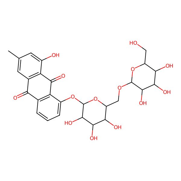 2D Structure of 1-hydroxy-3-methyl-8-[(2S,3R,4S,5S,6R)-3,4,5-trihydroxy-6-[[(2R,3R,4S,5S,6R)-3,4,5-trihydroxy-6-(hydroxymethyl)oxan-2-yl]oxymethyl]oxan-2-yl]oxyanthracene-9,10-dione