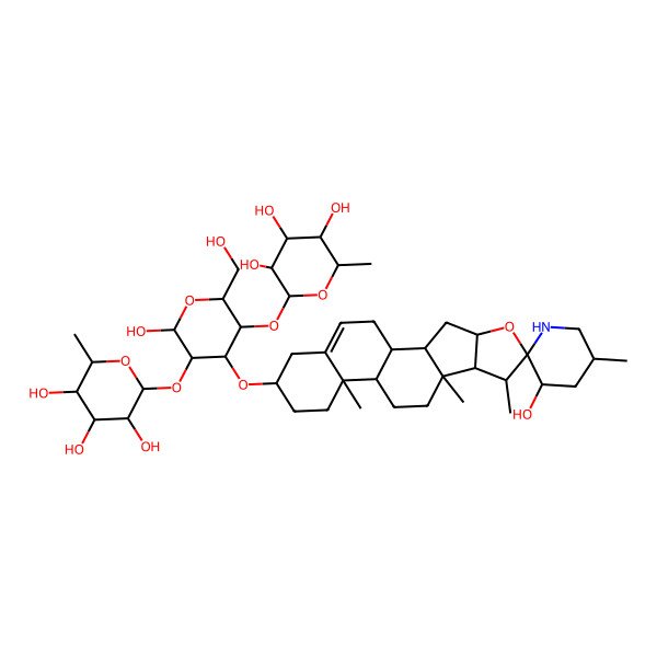 2D Structure of (2S,3R,4R,5R,6S)-2-[(2R,3R,4S,5R,6R)-6-hydroxy-2-(hydroxymethyl)-4-[(1S,2R,3'S,4S,5'R,6S,7S,8R,9S,12R,13R,16S)-3'-hydroxy-5',7,9,13-tetramethylspiro[5-oxapentacyclo[10.8.0.02,9.04,8.013,18]icos-18-ene-6,2'-piperidine]-16-yl]oxy-5-[(2S,3R,4R,5R,6S)-3,4,5-trihydroxy-6-methyloxan-2-yl]oxyoxan-3-yl]oxy-6-methyloxane-3,4,5-triol