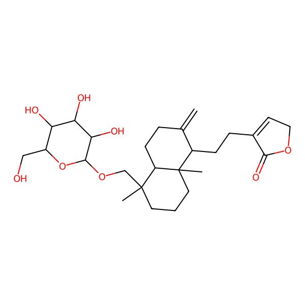 2D Structure of 4-[2-[5,8a-dimethyl-2-methylidene-5-[[3,4,5-trihydroxy-6-(hydroxymethyl)oxan-2-yl]oxymethyl]-3,4,4a,6,7,8-hexahydro-1H-naphthalen-1-yl]ethyl]-2H-furan-5-one