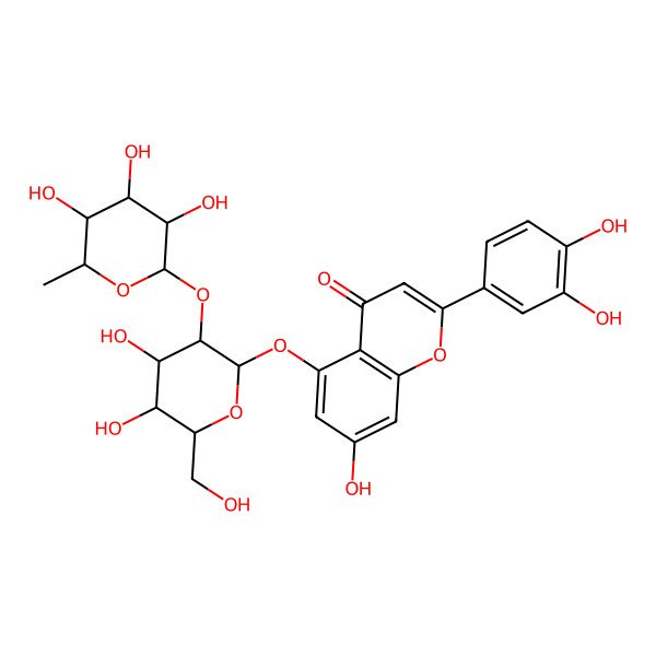 2D Structure of 5-[(2S,3R,4S,5S,6R)-4,5-dihydroxy-6-(hydroxymethyl)-3-[(2R,3S,4S,5S,6R)-3,4,5-trihydroxy-6-methyloxan-2-yl]oxyoxan-2-yl]oxy-2-(3,4-dihydroxyphenyl)-7-hydroxychromen-4-one