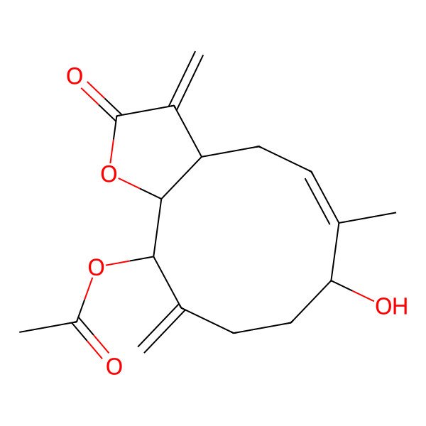 2D Structure of (7-hydroxy-6-methyl-3,10-dimethylidene-2-oxo-4,7,8,9,11,11a-hexahydro-3aH-cyclodeca[b]furan-11-yl) acetate