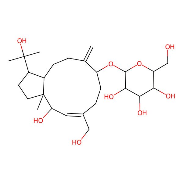 2D Structure of 2-[[4-Hydroxy-6-(hydroxymethyl)-1-(2-hydroxypropan-2-yl)-3a-methyl-10-methylidene-1,2,3,4,7,8,9,11,12,12a-decahydrocyclopenta[11]annulen-9-yl]oxy]-6-(hydroxymethyl)oxane-3,4,5-triol