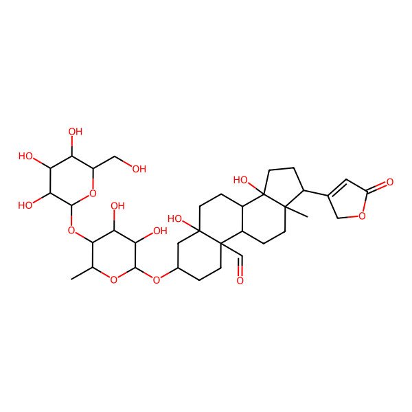 2D Structure of (3R,5S,8R,9S,10S,13R,14S,17R)-3-[(2R,3R,4S,5R,6S)-3,4-dihydroxy-6-methyl-5-[(2S,3R,4S,5S,6R)-3,4,5-trihydroxy-6-(hydroxymethyl)oxan-2-yl]oxyoxan-2-yl]oxy-5,14-dihydroxy-13-methyl-17-(5-oxo-2H-furan-3-yl)-2,3,4,6,7,8,9,11,12,15,16,17-dodecahydro-1H-cyclopenta[a]phenanthrene-10-carbaldehyde