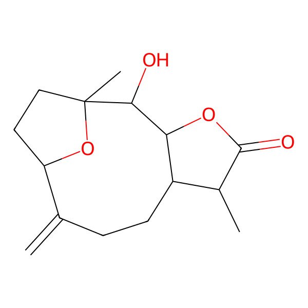 2D Structure of (1alpha,4alpha,5beta,6alpha,11betaH)-1,4-Epoxy-5-hydroxy-10(14)-germacren-12,6-olide