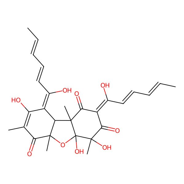 2D Structure of (2Z,4S,4aS,5aS,9Z,9aR,9bR)-4,4a,8-trihydroxy-2,9-bis[(2E,4E)-1-hydroxyhexa-2,4-dienylidene]-4,5a,7,9b-tetramethyl-9aH-dibenzouran-1,3,6-trione