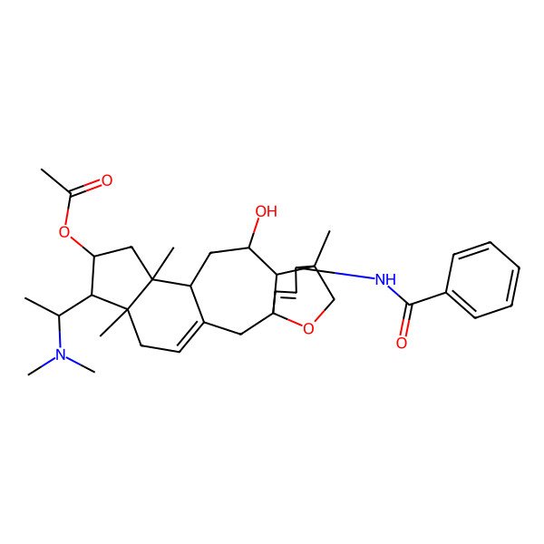 2D Structure of [(1S,6R,7S,8R,10S,11R,13S,14R,15S,16S)-16-benzamido-7-[(1S)-1-(dimethylamino)ethyl]-13-hydroxy-6,10,15-trimethyl-19-oxapentacyclo[13.3.2.01,14.03,11.06,10]icosa-3,17-dien-8-yl] acetate