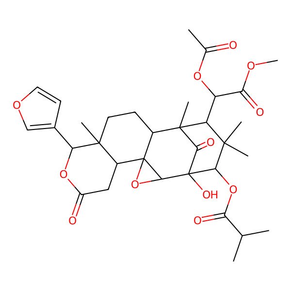 2D Structure of [15-(1-Acetyloxy-2-methoxy-2-oxoethyl)-9-(furan-3-yl)-1-hydroxy-10,14,16,16-tetramethyl-7,18-dioxo-3,8-dioxapentacyclo[12.3.1.02,4.04,13.05,10]octadecan-17-yl] 2-methylpropanoate