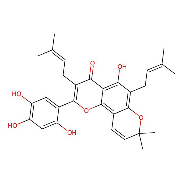 2D Structure of 5-Hydroxy-8,8-dimethyl-3,6-bis(3-methylbut-2-enyl)-2-(2,4,5-trihydroxyphenyl)pyrano[2,3-h]chromen-4-one