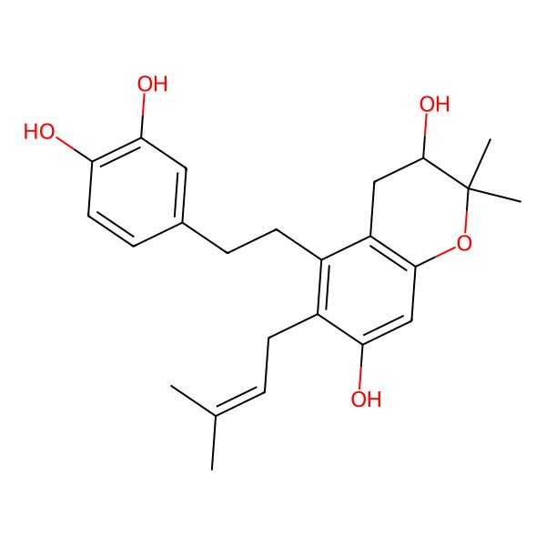 2D Structure of (3R)-5-[2-(3,4-dihydroxyphenyl)ethyl]-2,2-dimethyl-6-(3-methylbut-2-enyl)-3,4-dihydrochromene-3,7-diol