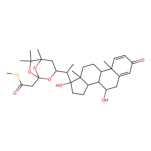 2D Structure of S-methyl 2-[(1S,3R,5R)-3-[(1R)-1-[(7R,8R,9S,10R,13S,14S,17R)-7,17-dihydroxy-10,13-dimethyl-3-oxo-7,8,9,11,12,14,15,16-octahydro-6H-cyclopenta[a]phenanthren-17-yl]ethyl]-5,6,6-trimethyl-2,7,8-trioxabicyclo[3.2.1]octan-1-yl]ethanethioate
