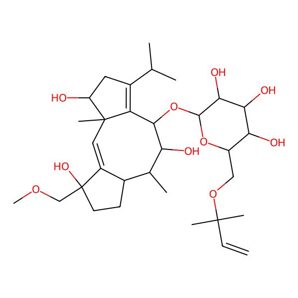 2D Structure of 2-(2-Methylbut-3-en-2-yloxymethyl)-6-[[4,9,14-trihydroxy-14-(methoxymethyl)-3,10-dimethyl-6-propan-2-yl-8-tricyclo[9.3.0.03,7]tetradeca-1,6-dienyl]oxy]oxane-3,4,5-triol