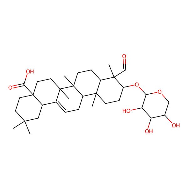 2D Structure of (4aS,6aR,6aS,6bR,8aR,9S,10S,12aR,14bS)-9-formyl-2,2,6a,6b,9,12a-hexamethyl-10-[(2S,3R,4S,5S)-3,4,5-trihydroxyoxan-2-yl]oxy-1,3,4,5,6,6a,7,8,8a,10,11,12,13,14b-tetradecahydropicene-4a-carboxylic acid