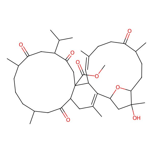 2D Structure of methyl (1S,5R,8R,12S,15R,18S,19R,20E,25R,28S,29R)-29-hydroxy-3,8,12,21,25,29-hexamethyl-6,13,16,24-tetraoxo-15-propan-2-yl-31-oxatetracyclo[26.2.1.02,19.05,18]hentriaconta-2,20-diene-18-carboxylate