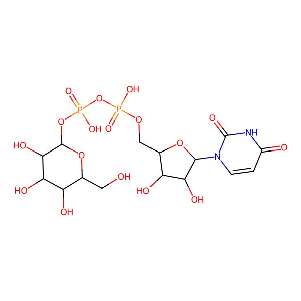 2D Structure of [[(2R,3R,4S,5S)-5-(2,4-dioxopyrimidin-1-yl)-3,4-dihydroxyoxolan-2-yl]methoxy-hydroxyphosphoryl] [(2R,3S,4S,5S,6S)-3,4,5-trihydroxy-6-(hydroxymethyl)oxan-2-yl] hydrogen phosphate