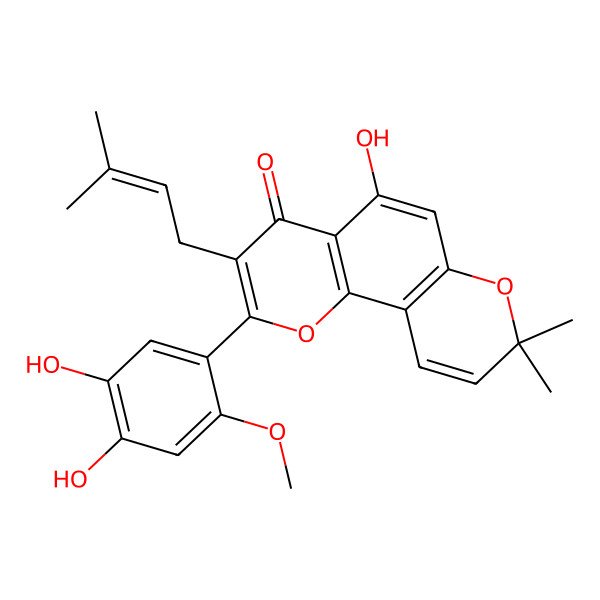 2D Structure of 2-(4,5-Dihydroxy-2-methoxyphenyl)-5-hydroxy-8,8-dimethyl-3-(3-methylbut-2-enyl)pyrano[2,3-h]chromen-4-one